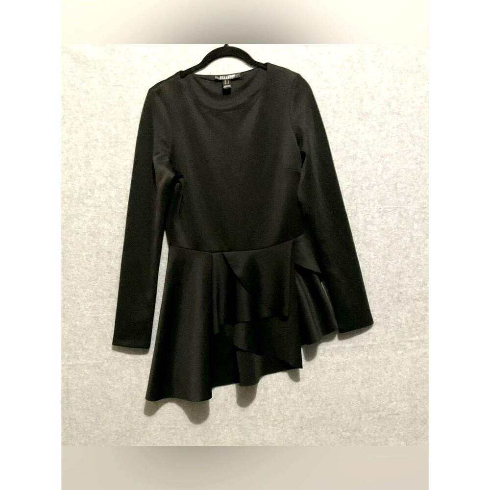 REVAMPED Black Asymmetric Peplum Top L Long Sleeve Structural Ruffle Hem Avant